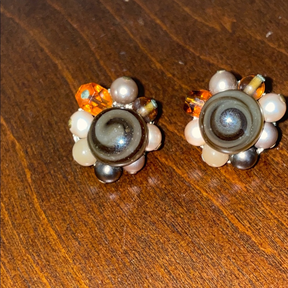 Vintage Japan Beaded Clip-On Earrings Faux Pearl Smokey Swirl Glass Clusters